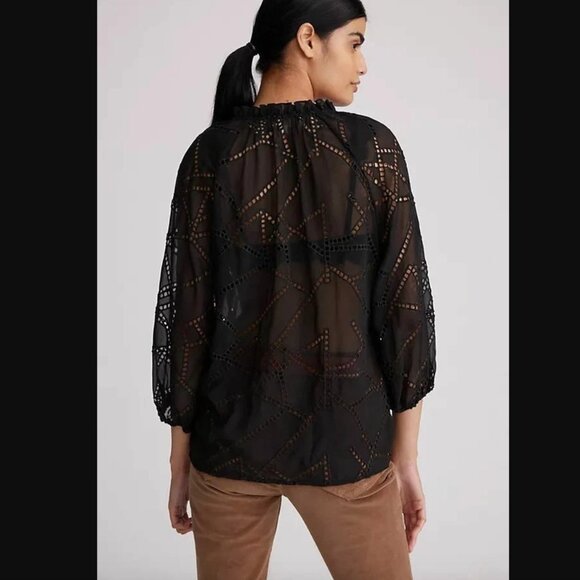 NWT Cabarello Anthropologie S Black ‘Amala’ Eyelet Long Sleeve Blouse - Picture 7 of 9